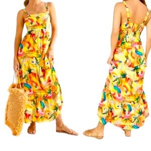Farm Rio for Anthropologie Yellow Textured Tropical Floral Maxi Dress Sz M
